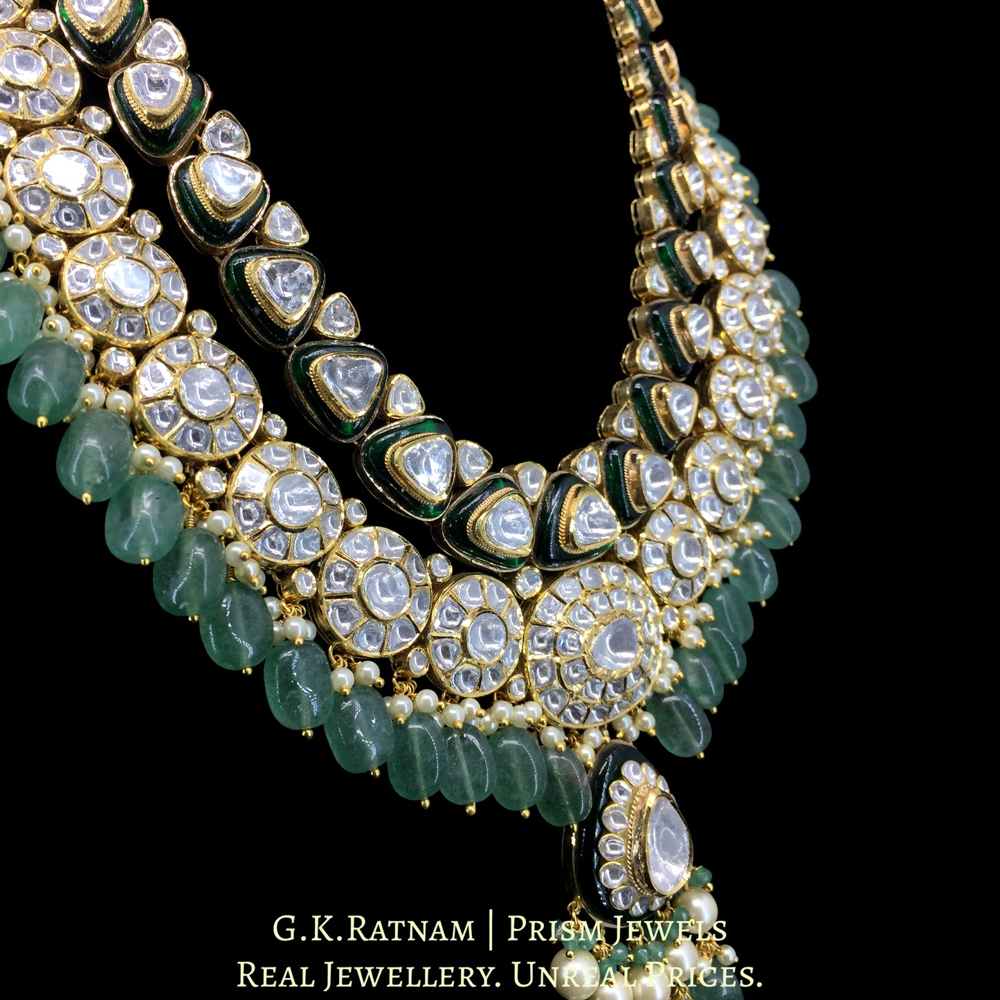 14k Gold and Diamond Polki Long Necklace Set enhanced with Strawberry Quartz