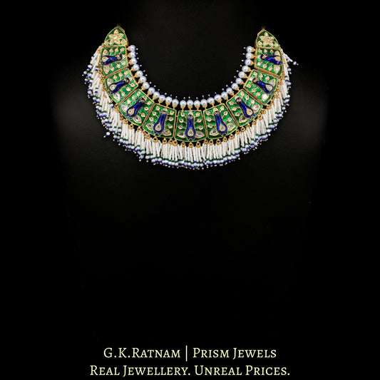 23k Gold and Diamond Polki Necklace Set with Peacock Motifs in Meenakari