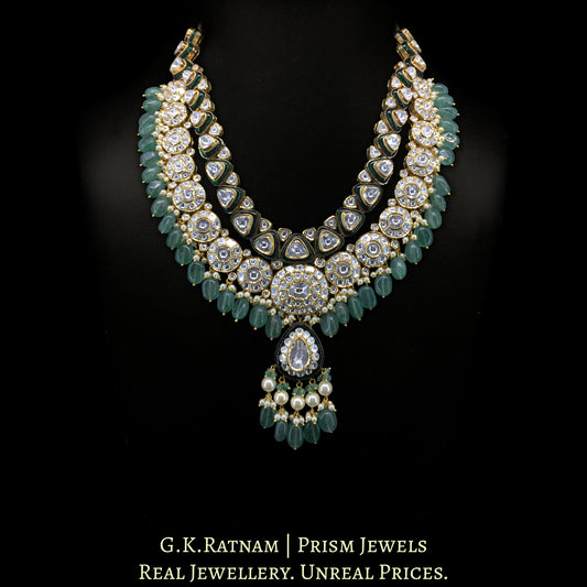 14k Gold and Diamond Polki Long Necklace Set enhanced with Strawberry Quartz - G. K. Ratnam