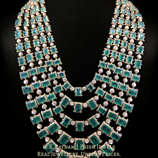 14k Gold and Diamond Polki Open Setting long five-row Necklace with Lab Grown Emeralds