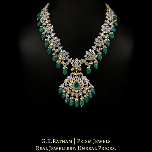 14K Gold And Diamond Polki Open Setting Long Necklace Set With Labgrown Emerald And Strawberry Quartz - G. K. Ratnam
