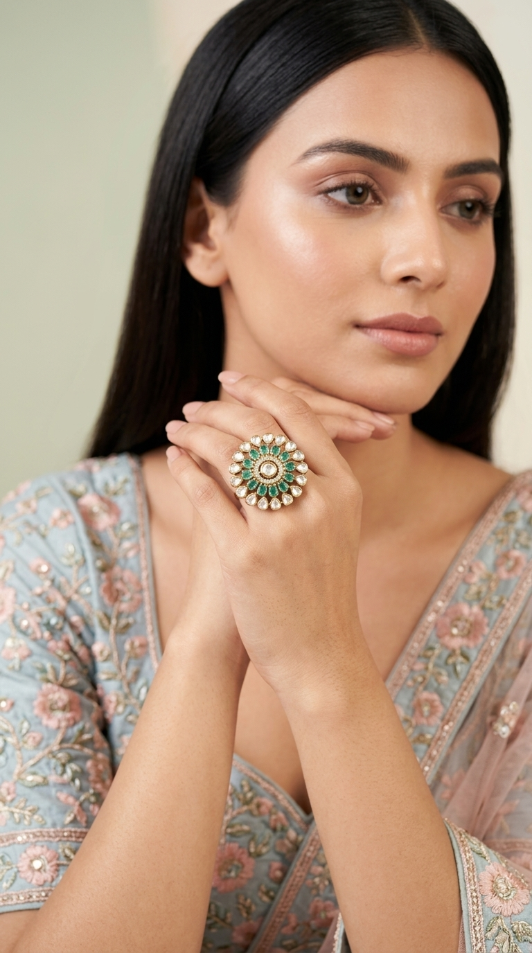 925 Silver victorian-finish Ring with Lab Grown Emeralds