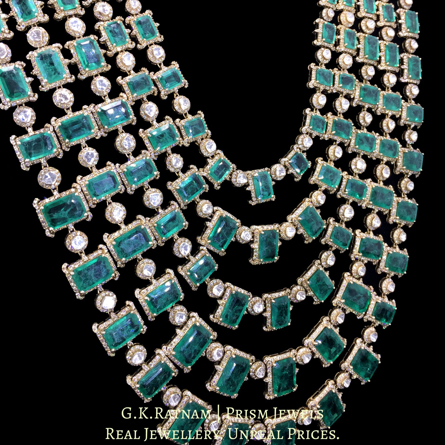 14k Gold and Diamond Polki Open Setting long five-row Necklace with Lab Grown Emeralds