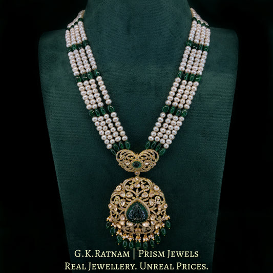 925 Silver Moissanite Polki Pendant Set With Lab-grown Emeralds And Strung In Pearls - G. K. Ratnam