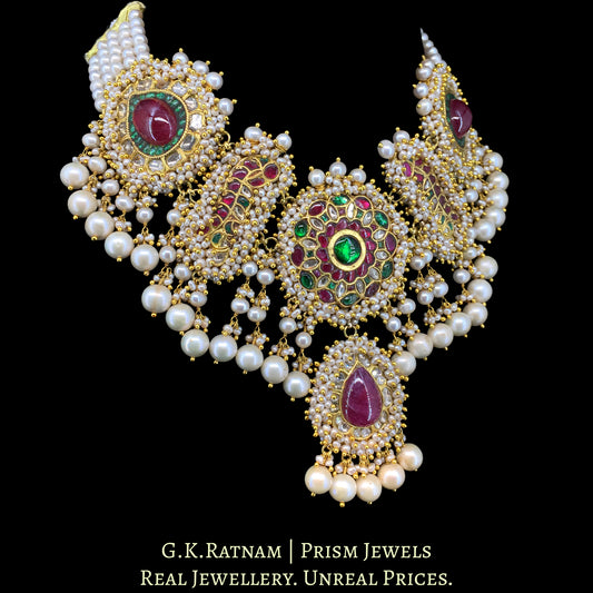 23K Gold And Diamond Polki Necklace With Glass Filled Rubies And Strung In Pearls - G. K. Ratnam