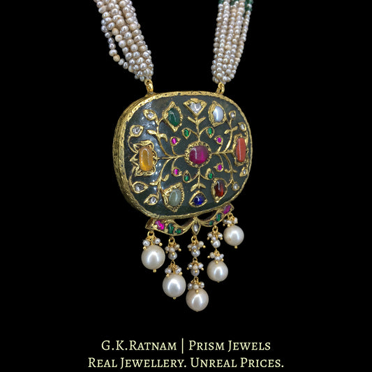 23k Gold and Diamond Polki Holdali Pendant with Antiqued Freshwater Pearls