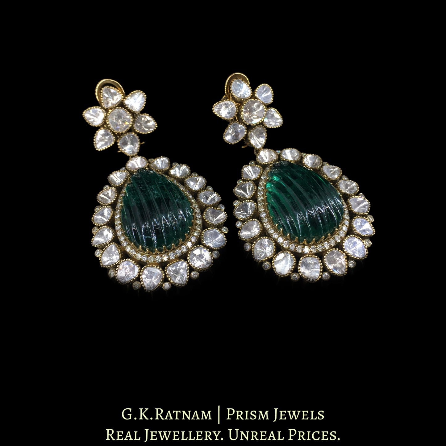 14K Gold And Diamond Polki Long Earrings With Lab Grown Emerald - G. K. Ratnam