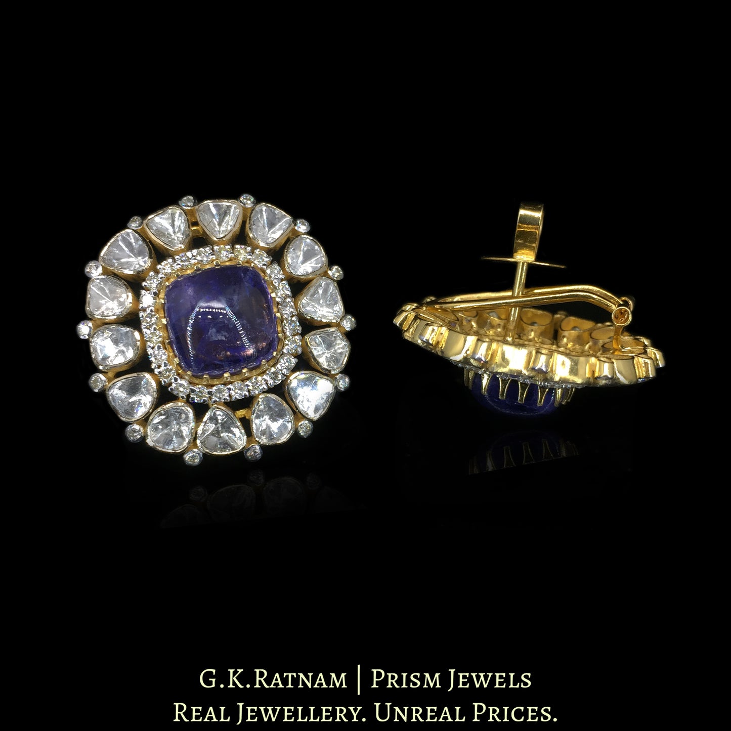14k Gold and Diamond Polki Open Setting Karnfool Earring Pair with Lab Grown Tanzanites