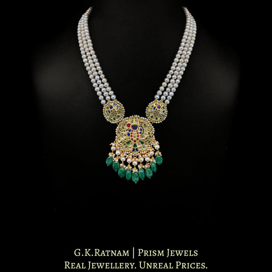 23K Gold And Diamond Polki Shrinath Ji Pendant Set With Antique Pearls & Strawberry Quartz - G. K. Ratnam