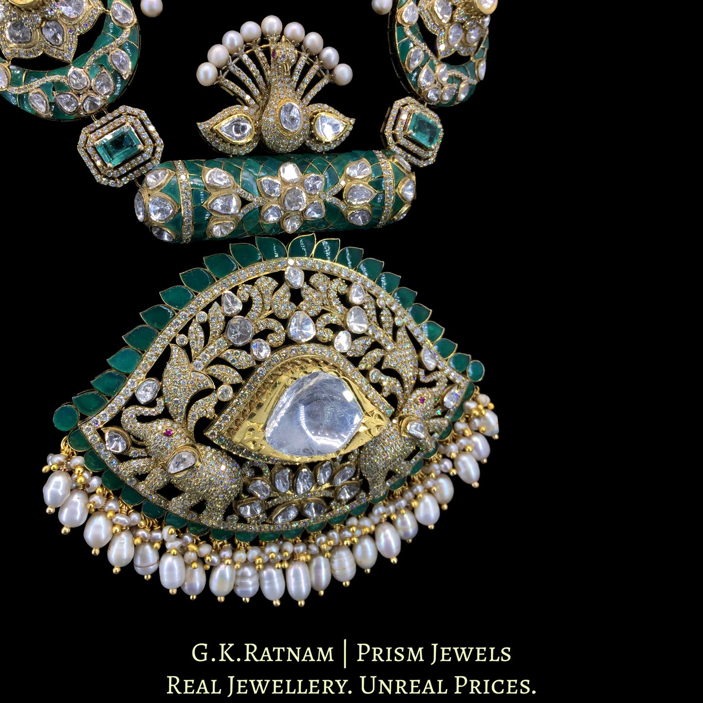 14k Gold and Diamond Polki Open Setting victorian-finish Long Necklace Set with Peacock motifs