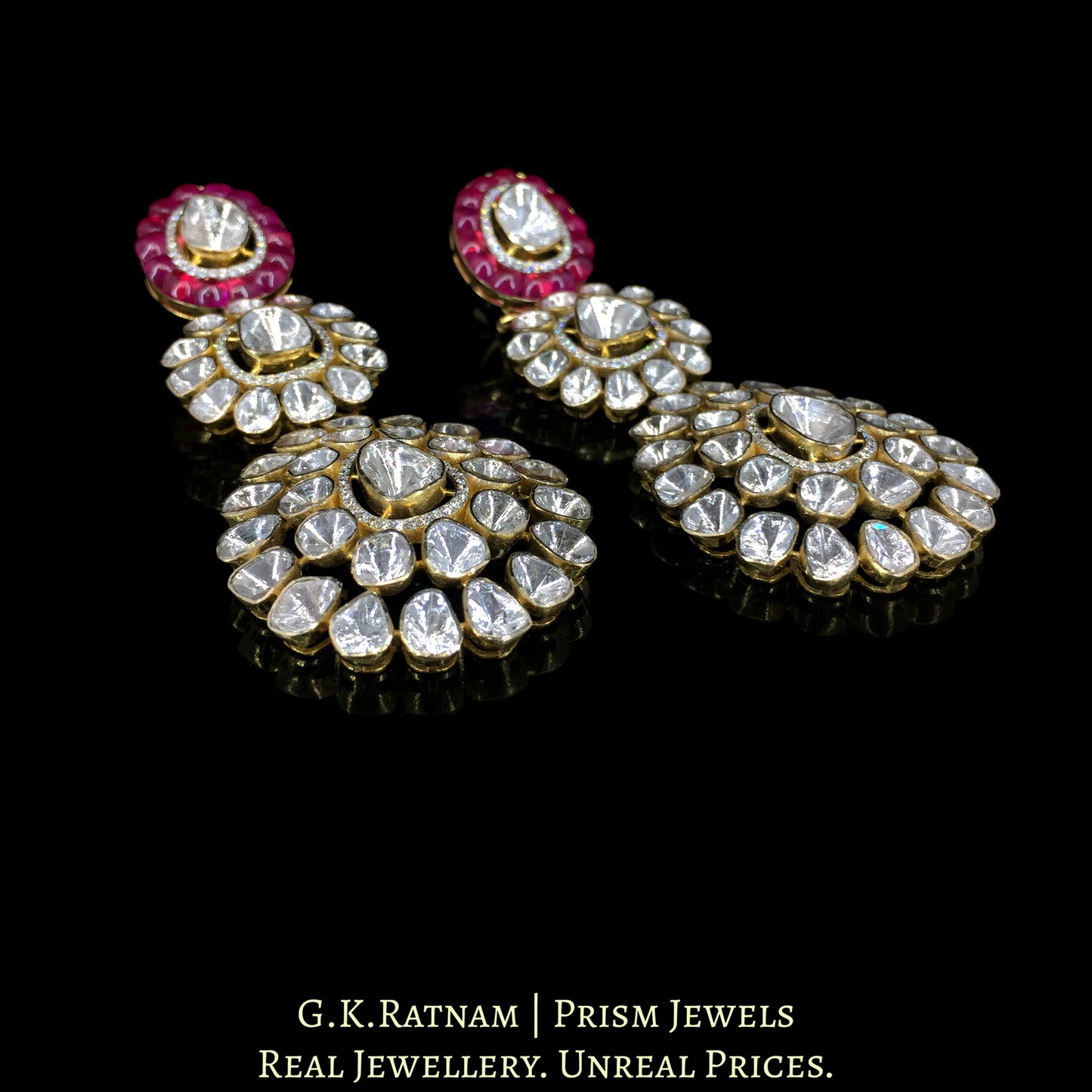14K Gold And Diamond Polki Open Setting Long Earrings With Rubies - G. K. Ratnam
