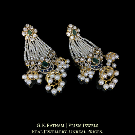 14K Gold And Diamond Polki Open Setting Long Earrings With Pearls And Lab Grown Emeralds - G. K. Ratnam