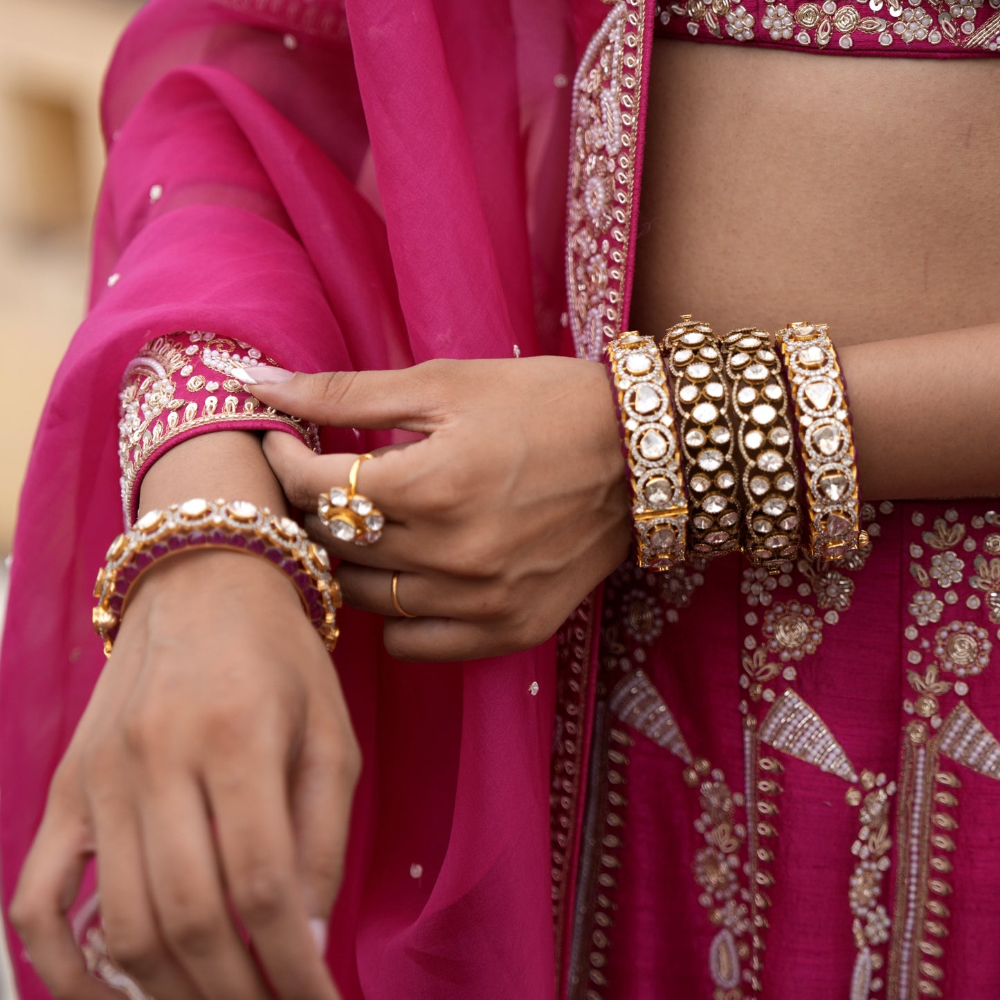 18k Gold and Diamond Polki Open Setting Bangle Pair