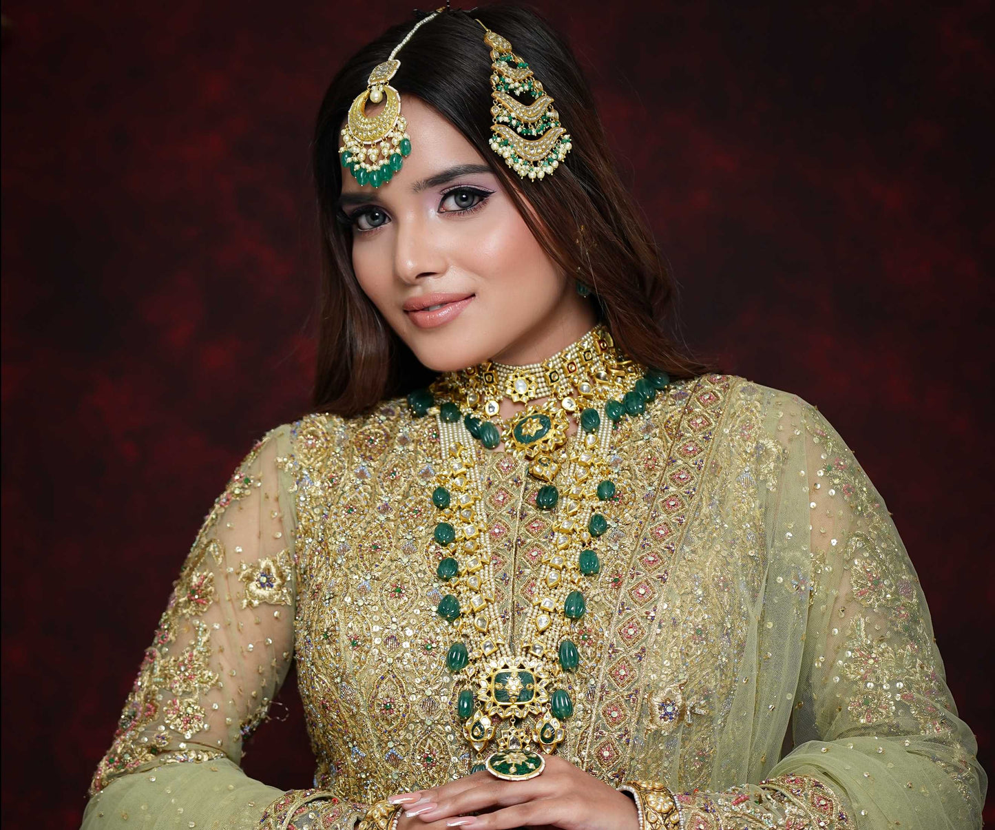 23k Gold and Diamond Polki Choker Necklace Set with Antiqued Pearls and hand-carved Melons