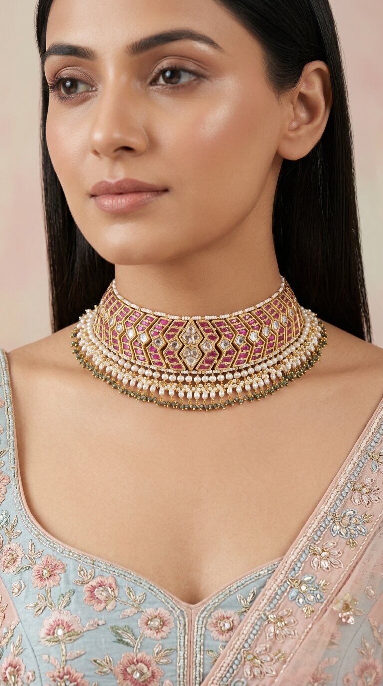23K Gold And Diamond Polki South Style Choker Necklace With Pearls - G. K. Ratnam