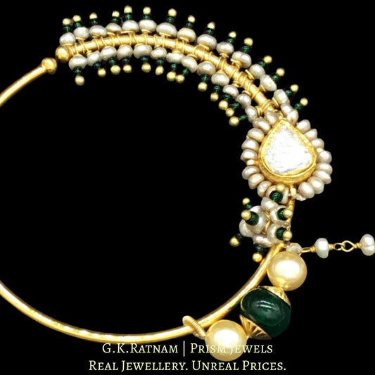 18k Gold and Diamond Polki Nose Ring elaborated with antiqued hyderabadi pearls - G. K. Ratnam