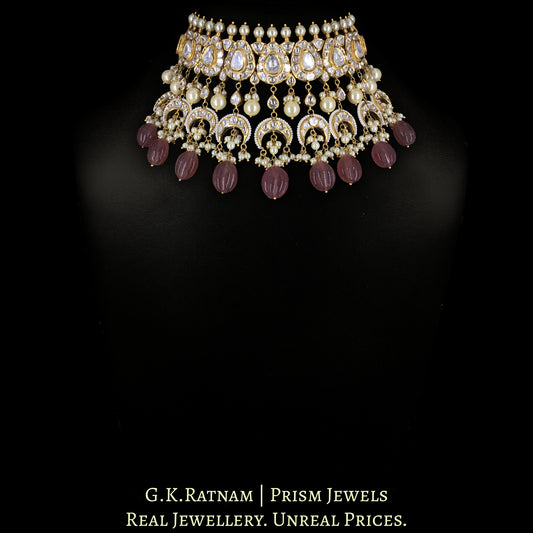 18k Gold and Diamond Polki Choker Necklace Set with pear-shaped motifs enhanced by hand-carved Strawberry Quartz Melons and Pearls - G. K. Ratnam