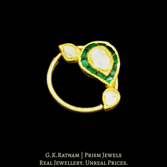 18k Gold and Diamond Polki Small Nose Ring with emerald-green stones - G. K. Ratnam