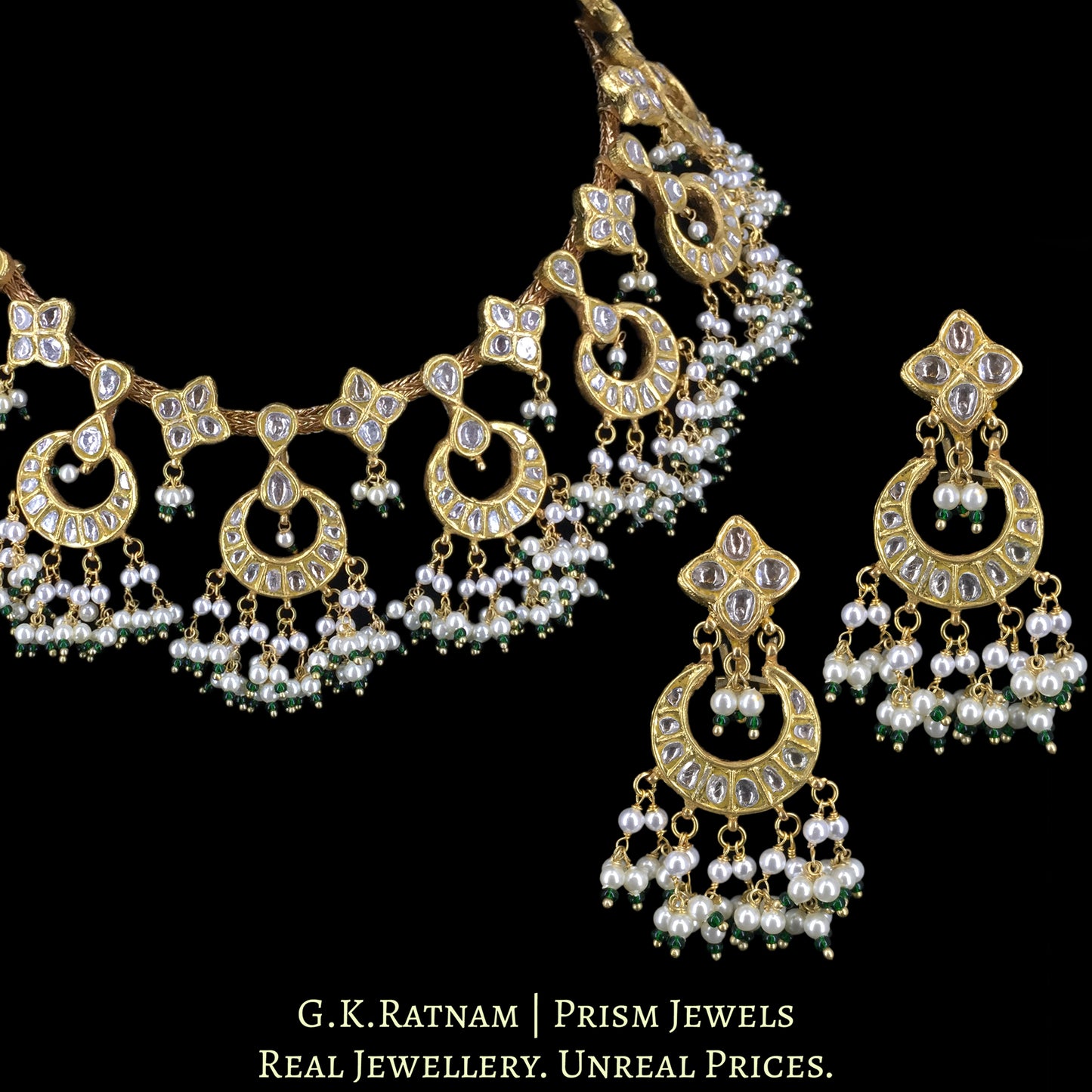 23k Gold And Diamond Polki Chain Necklace Set with chand-motifs