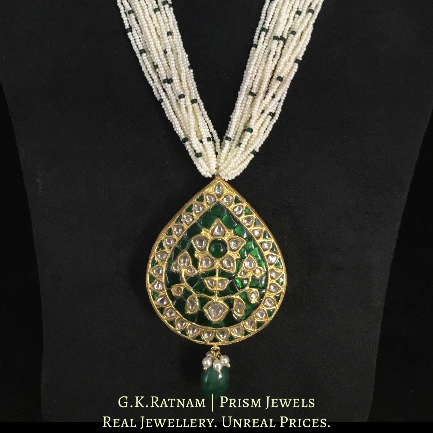 23k Gold and Diamond Polki Green pear-shaped Pendant with Chid Pearl Bunches