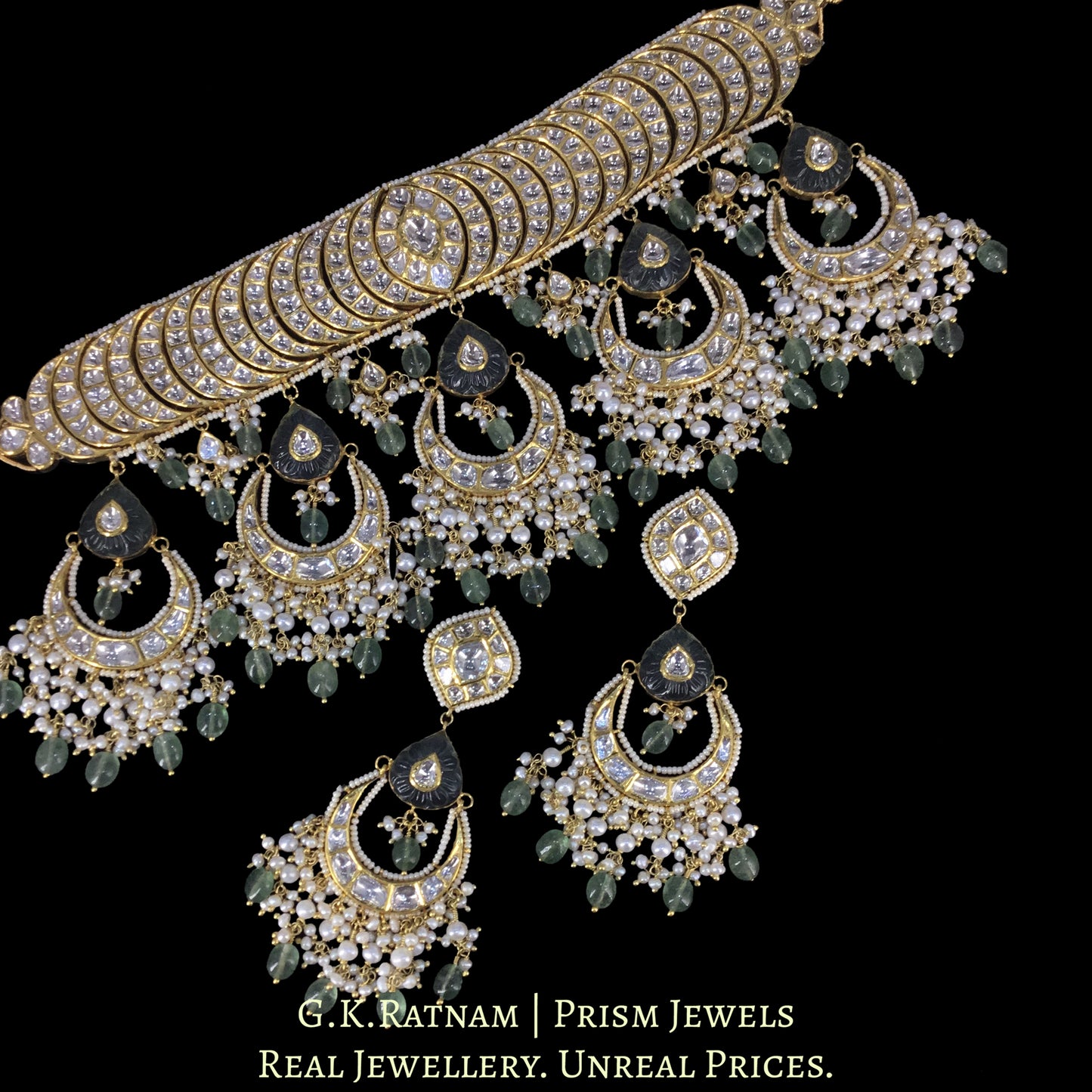 18k Gold and Diamond Polki Choker Necklace Set with concentric crescents and chand-shaped uncut hangings