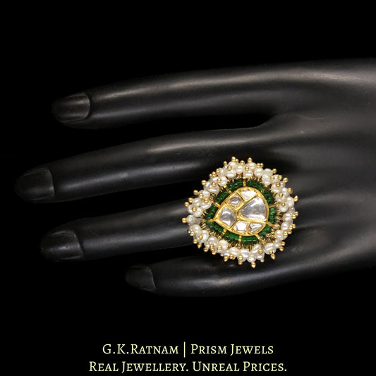 18K Gold and Diamond Polki pear-shaped Ring with Natural Freshwater Pearls - G. K. Ratnam