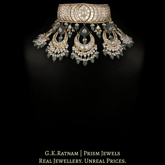 18k Gold and Diamond Polki Choker Necklace Set with concentric crescents and chand-shaped uncut hangings