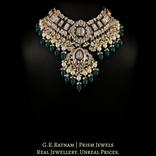 18k Gold and Diamond Polki Necklace Set With lustrous Pearls and Green Beryls