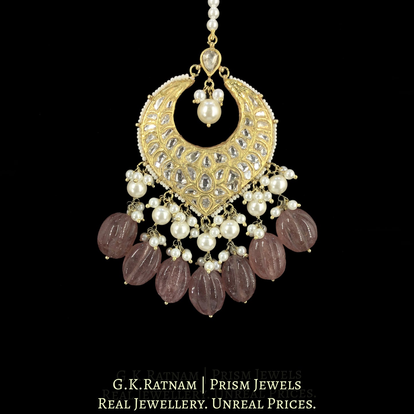 23k Gold and Diamond Polki Maang Tika With Pearls and Strawberry Quartz Melons
