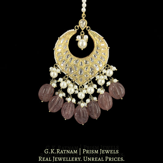 23k Gold and Diamond Polki Maang Tika With Pearls and Strawberry Quartz Melons