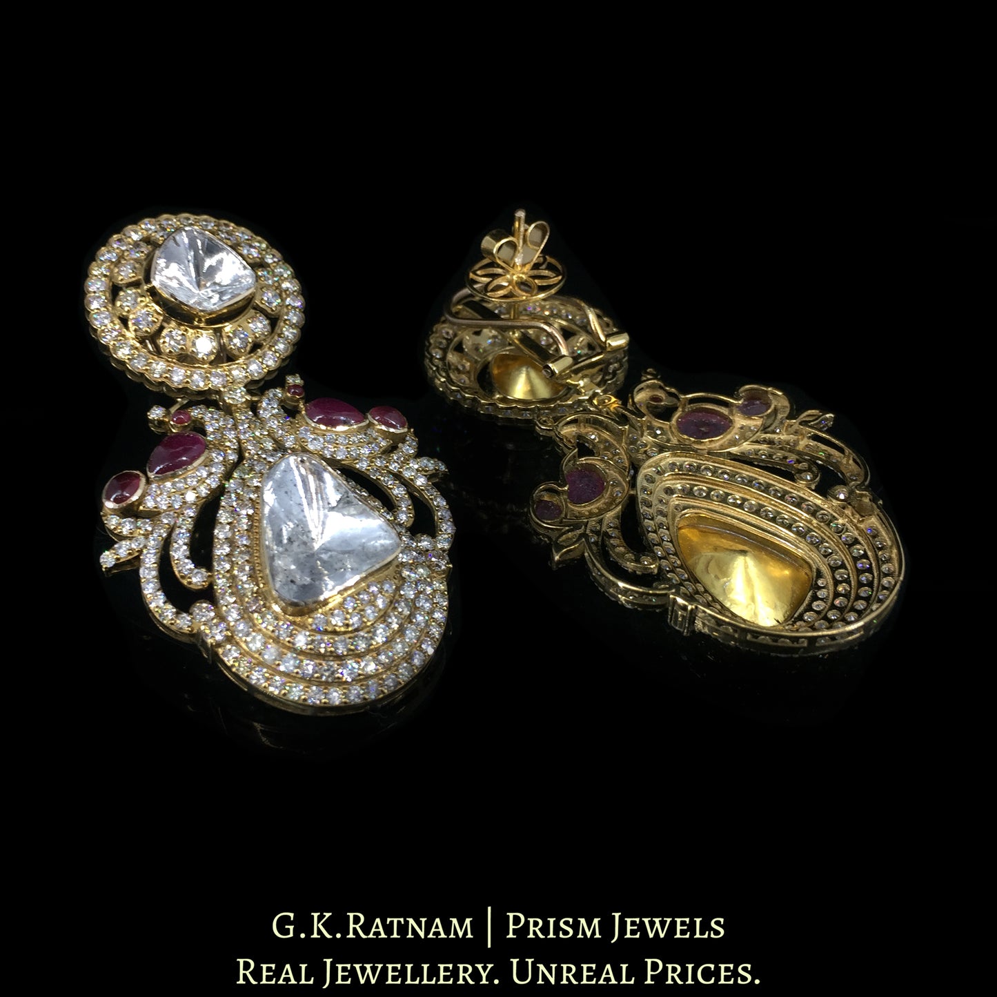 14k Gold and Diamond Polki Open Setting Long Earring Pair in victorian-finish
