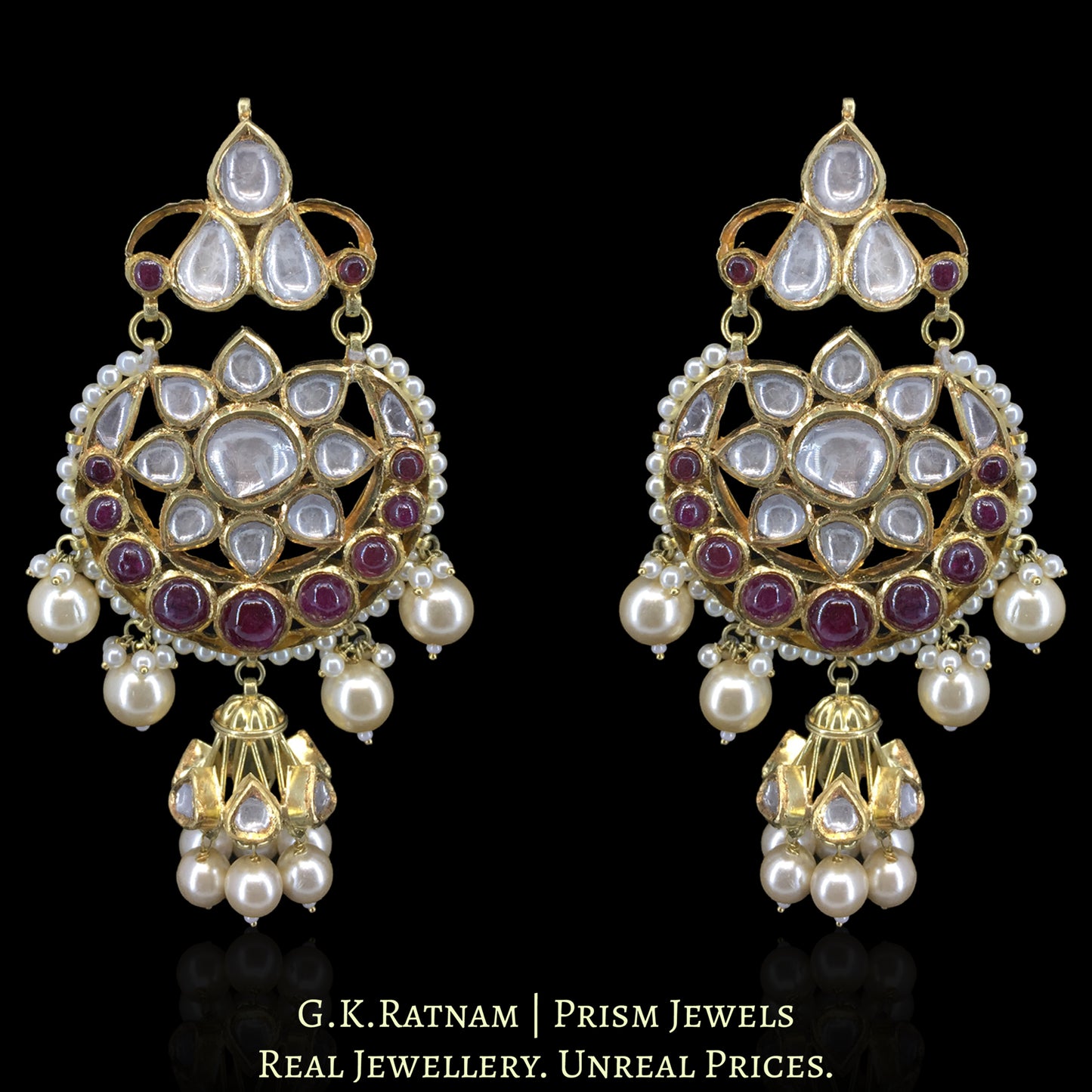 18k Gold and Diamond Polki Chand Bali Earring Pair with Jhumki