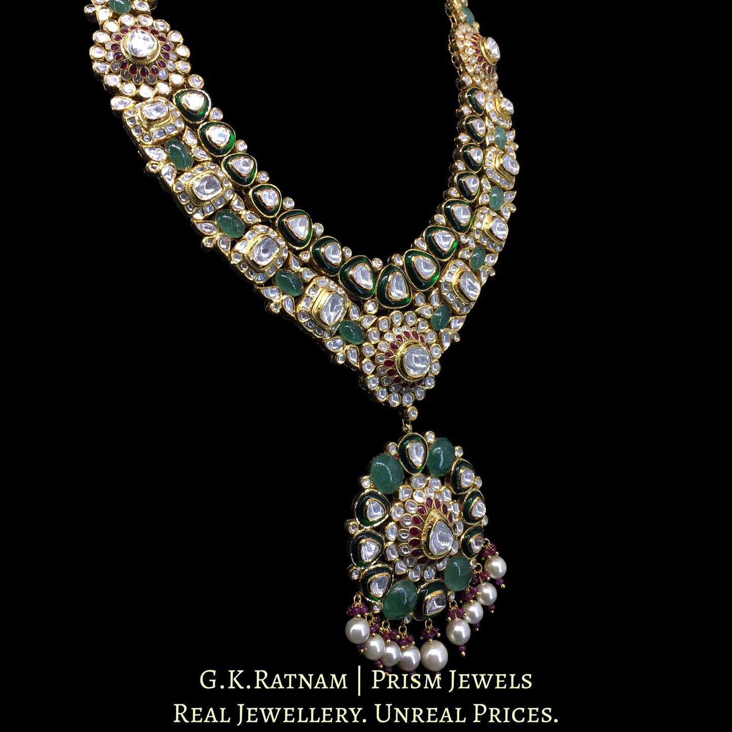 18k Gold and Diamond Polki Long Necklace Set with Rubies and emerald-green Strawberry Quartz - G. K. Ratnam