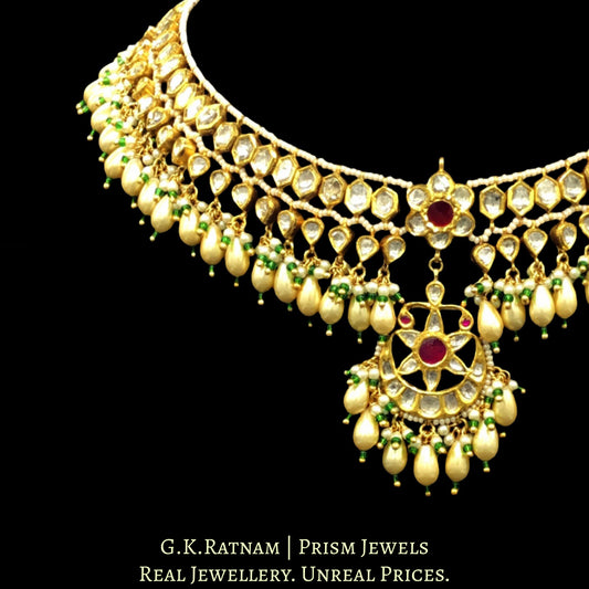 22k Gold and Diamond Polki Matha Patti enhanced with elongated pearls and a hint of green - G. K. Ratnam