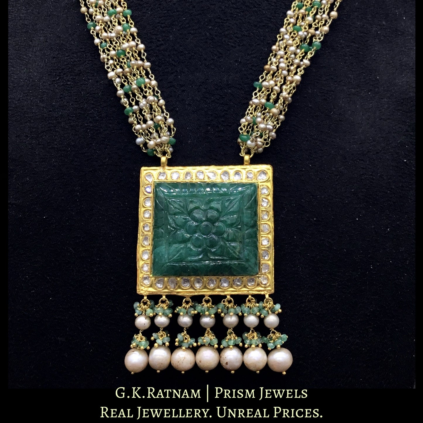23k Gold and Diamond Polki Pendant with Square Carved Green Beryl strung in antiqued hyderabadi pearl chains
