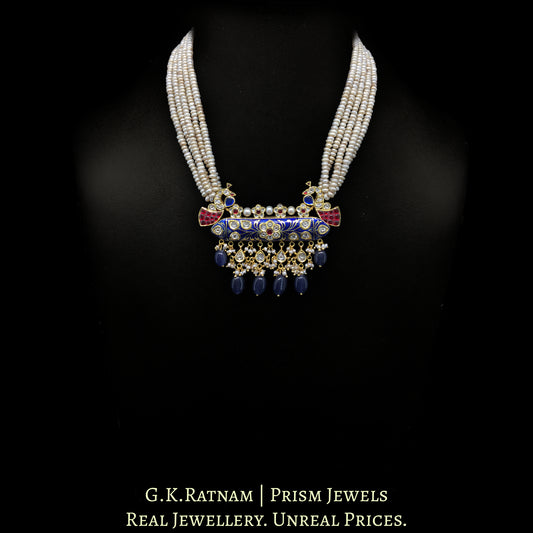 18k Gold and Diamond Polki tevta-style Pendant Set with Blue Enamel