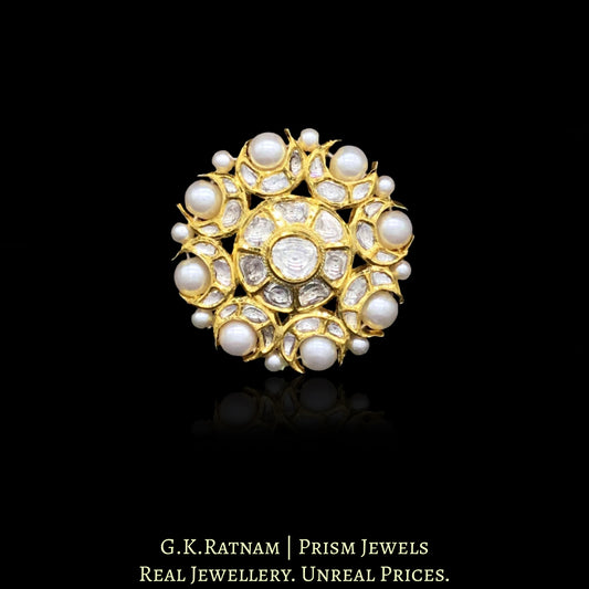 18k Gold and Diamond Polki Round Ring with Pearl Rimming