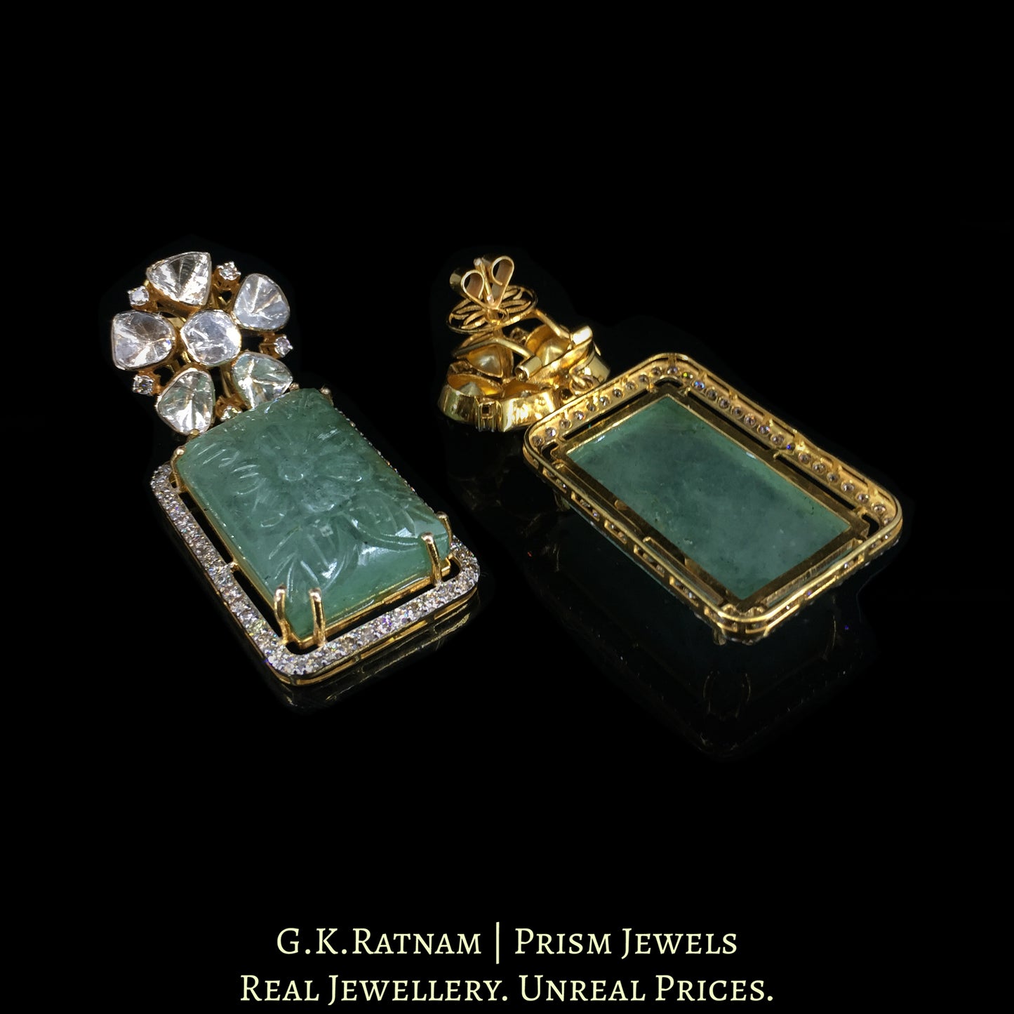 14k Gold and Diamond Polki Open Setting Long Earring Pair with hand-carved Strawberry Quartz