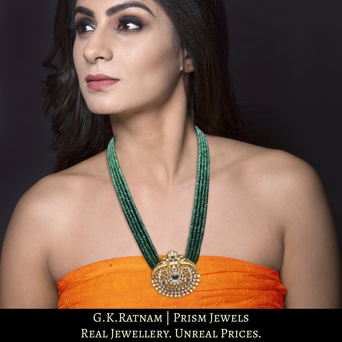 18k Gold and Diamond Polki Open Setting Pendant Set with emerald-grade Green Beryls
