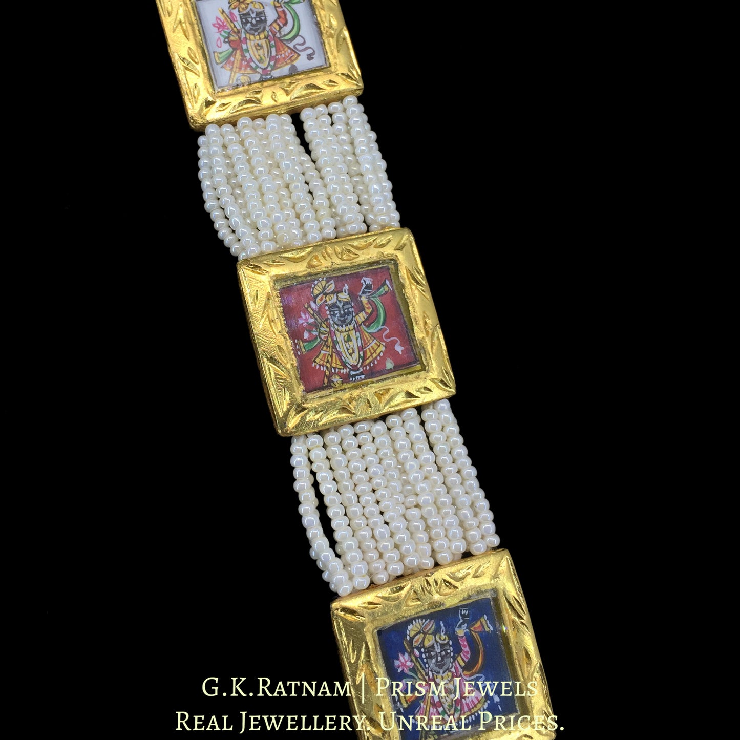 23k Gold and Diamond Polki Pendant Set with Patrihaar / Ranihaar of hand-painted Shri Nath Ji Motifs
