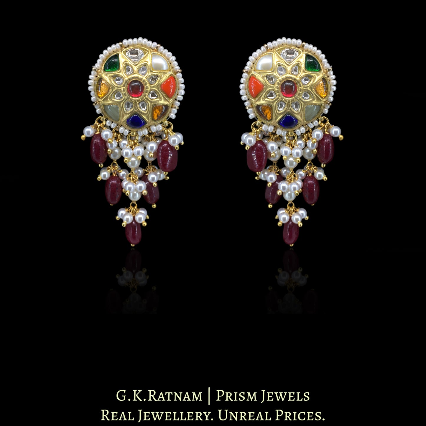 23k Gold and Diamond Polki Navratna Pendant Set with Rubies - G. K. Ratnam