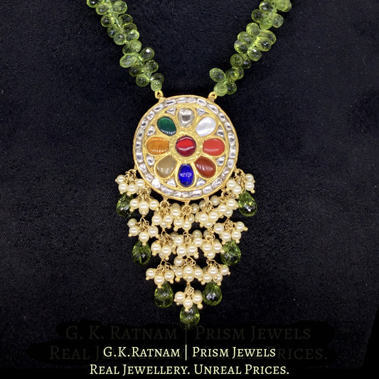 23k Gold and Diamond Polki Navratna Pendant enhanced with Peridot Drops and Pearl Bunches