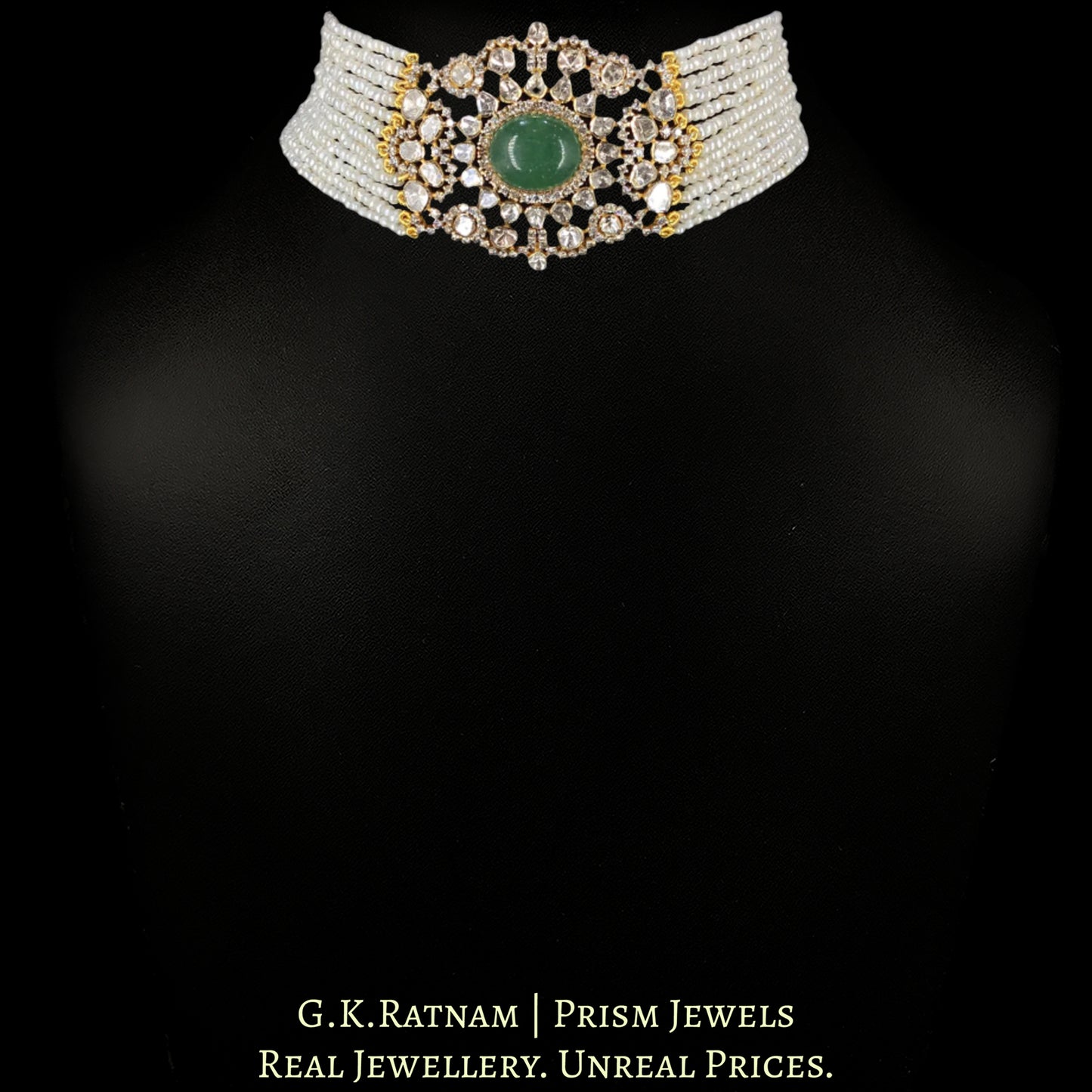 14k Gold and Diamond Polki Open Setting Choker Necklace with interchangeable Ruby, Blue Sapphire and Green Beryl collets