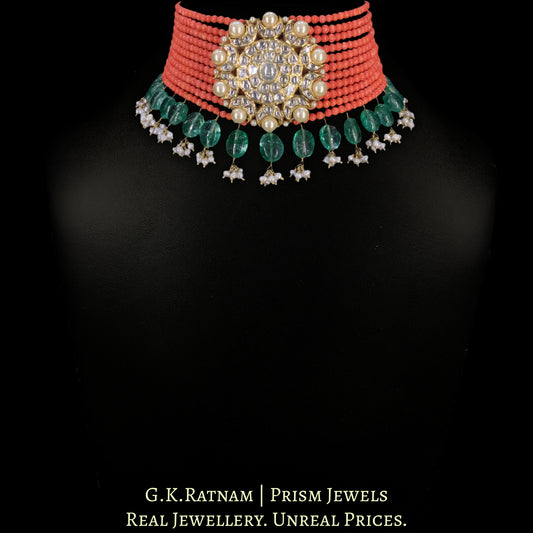 18k Gold and Diamond Polki Choker Necklace With Corals and Beryls - G. K. Ratnam