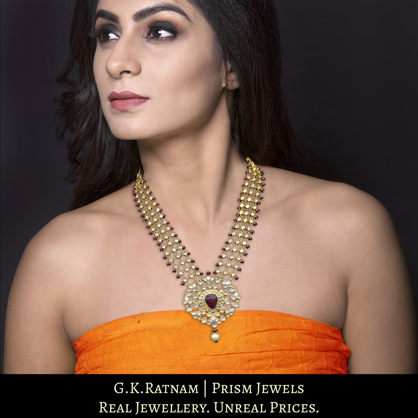 18k Gold and Diamond Polki ruby center Pendant Set with uncut pears strung in Patrihaar / Ranihaar style