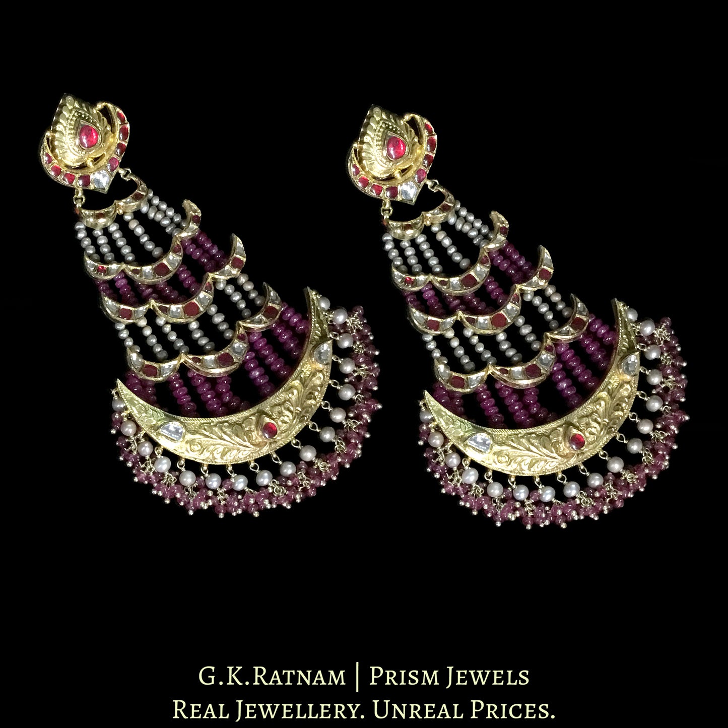 18k Gold and Diamond Polki Chandelier Earring Pair with Natural Rubies and Antiqued Freshwater Pearls