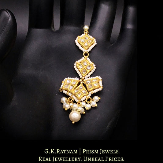 23k Gold and Diamond Polki Small Maang Tika With Pearl Bunches