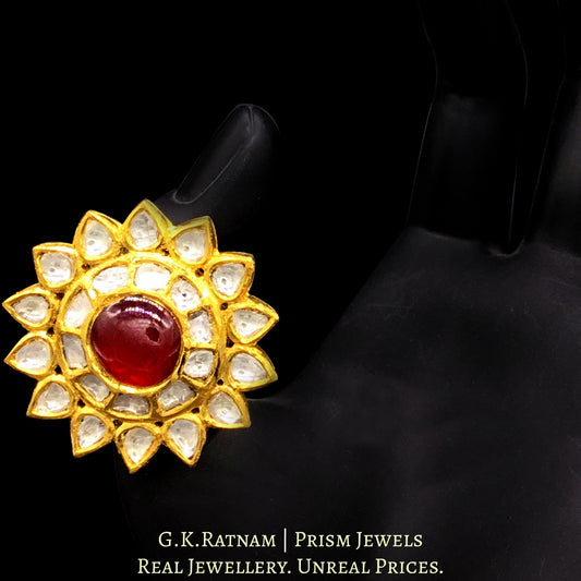 18k Gold and Diamond Polki star-shaped Cocktail Ring with ruby-red center - G. K. Ratnam
