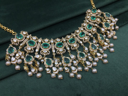 925 Silver Necklace Set with Lab Grown Emeralds and Antiqued Freshwater Pearls - G. K. Ratnam
