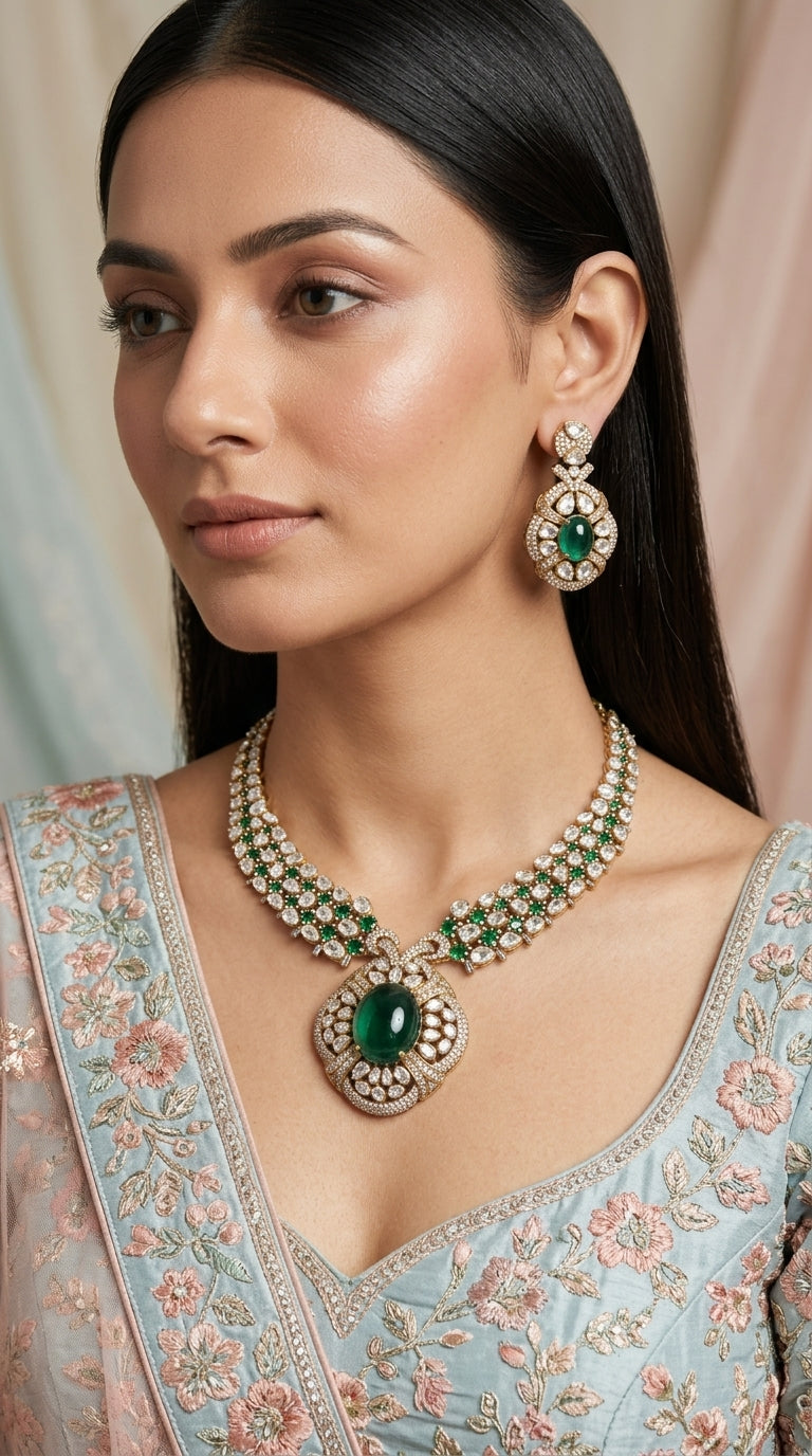 925 Silver Necklace Set with Lab Grown Emeralds